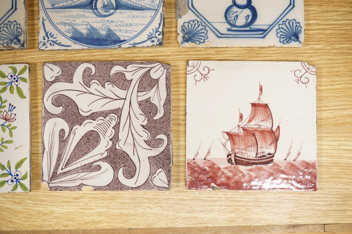 Four 18th century Dutch blue and while tiles, another in manganese and three other tiles 13cm square